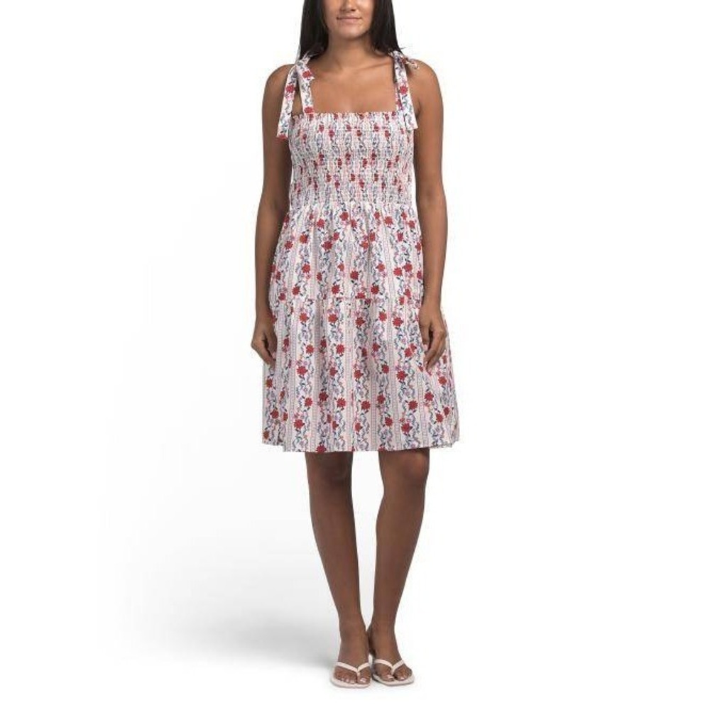 Joie Floral Smocked Tiered Midi Sundress Tie Shoulder Red Blue White Medium